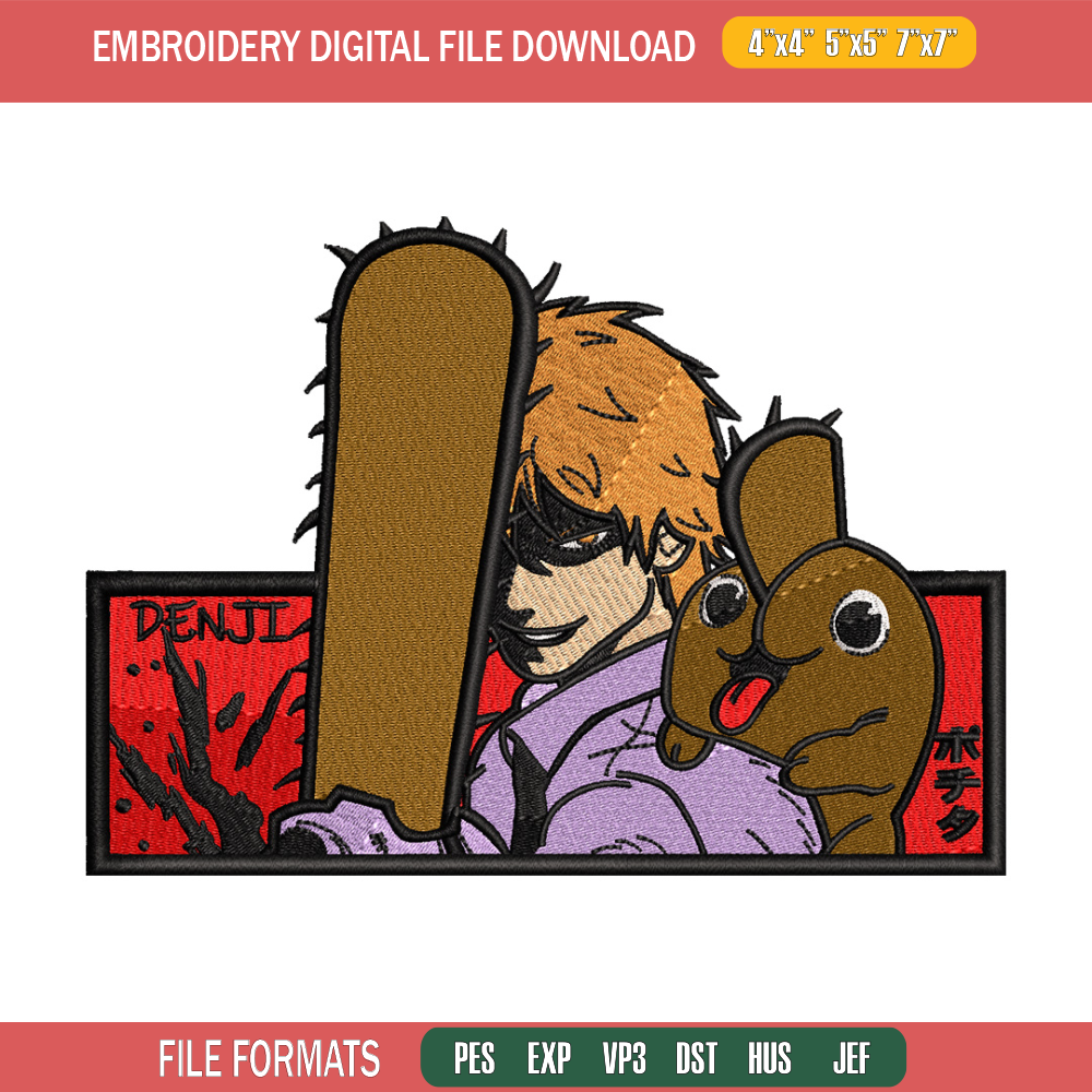 Denji horror embroidery design, Chainsaw embroidery, Anime design, Embroidery shirt, Embroidery file, Digital download.jpg