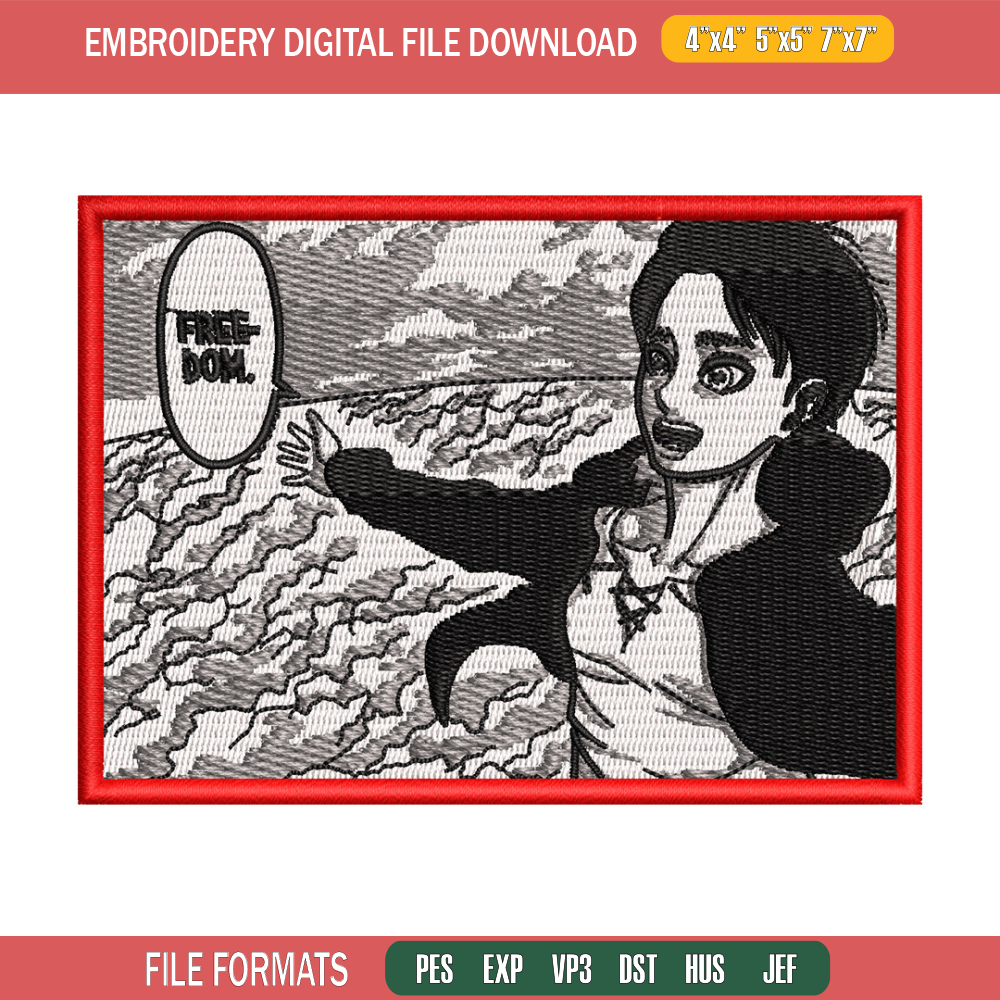 Eren freedom embroidery design, Aot embroidery, Anime design, Embroidery shirt, Embroidery file, Digital download.jpg