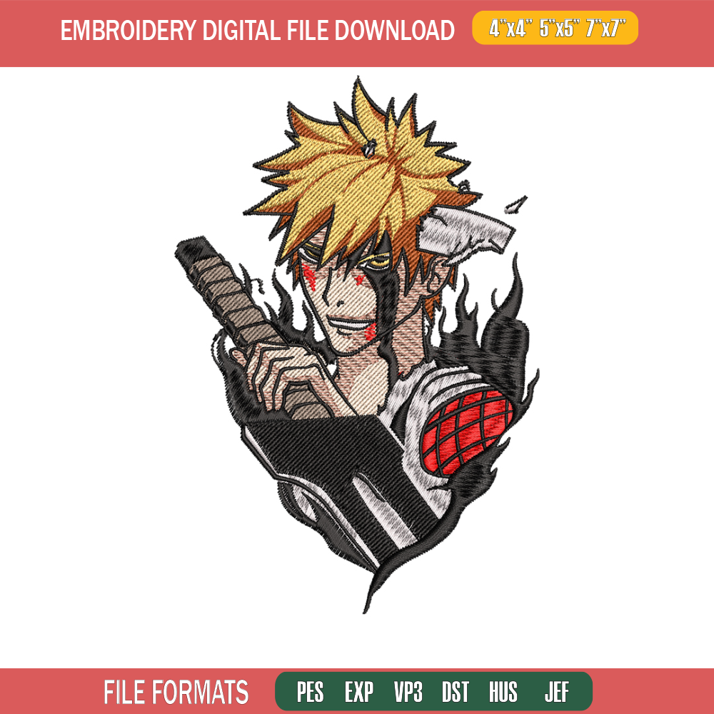 Ichigo kurosaki embroidery design, Bleach embroidery, embroidery file, anime design, anime shirt, Digital download.jpg