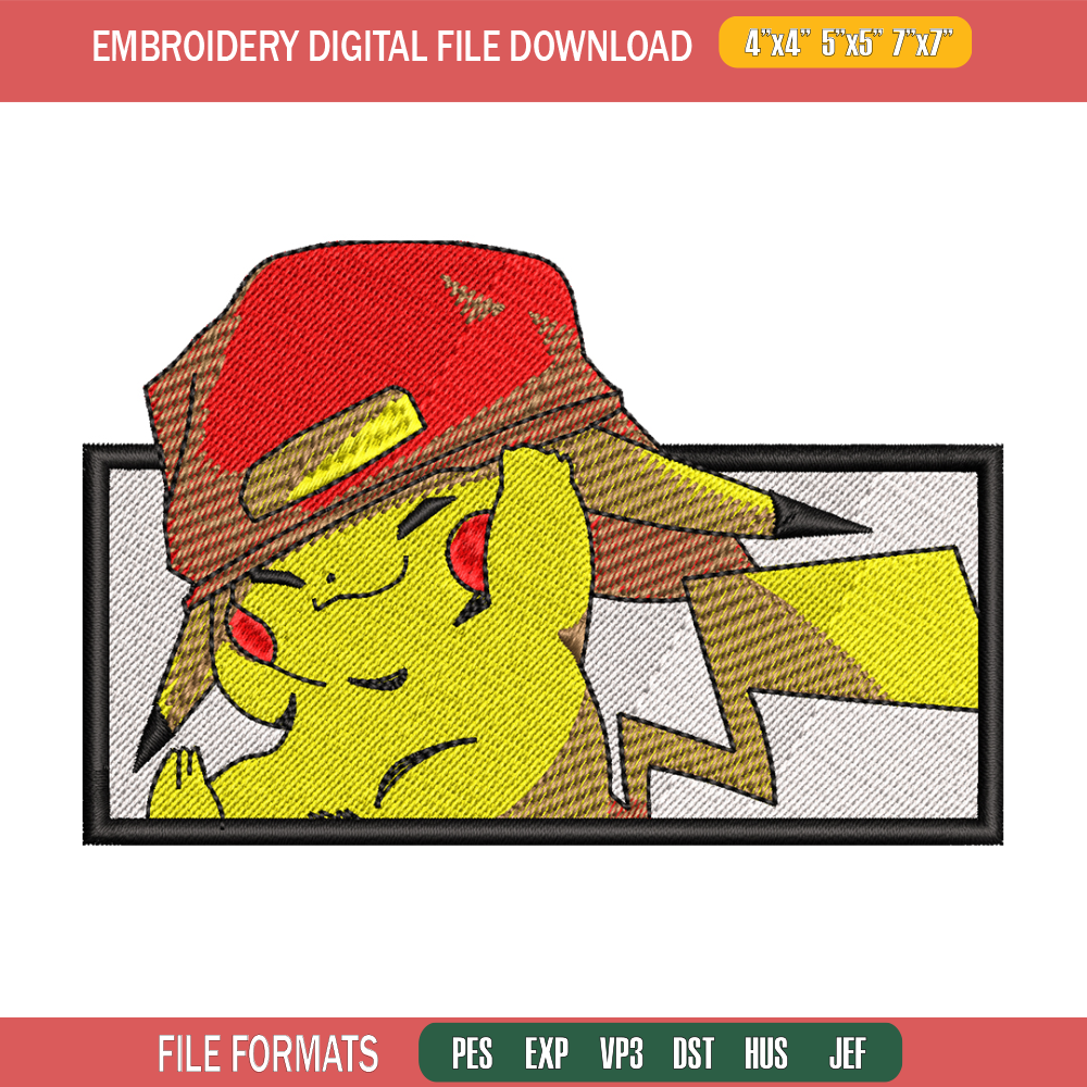 Pikachu wear a hat embroidery design, Pokemon embroidery, embroidery file, anime design, anime shirt, Digital download.jpg