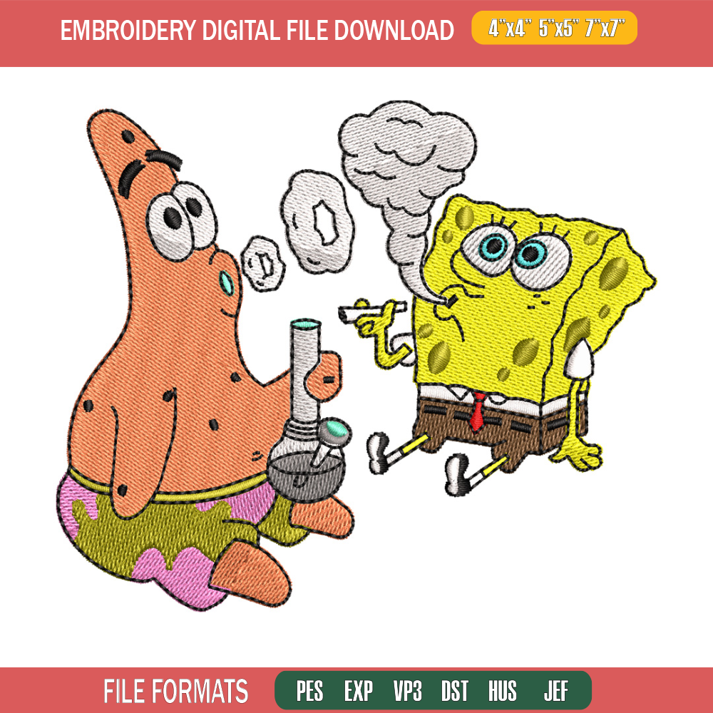 Spongebob smoke embroidery design, Spongebob embroidery, Emb design, Embroidery shirt, Embroidery file, Digital download.jpg