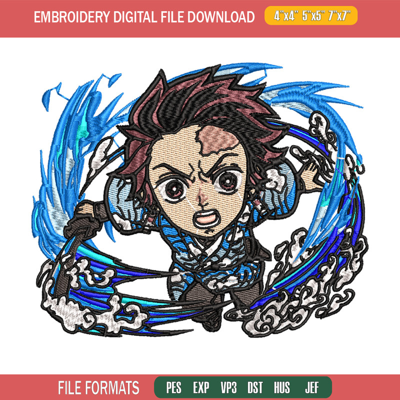 Tanjiro fire breathing chibi embroidery design, Kimetsu no Yaiba embroidery, anime design, anime shirt, Digital download.jpg