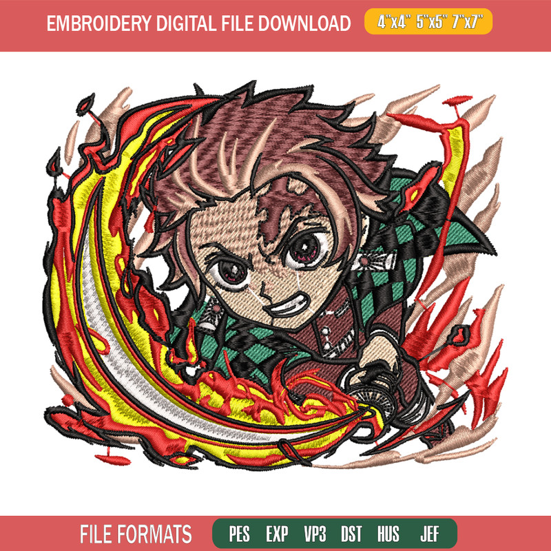 Tanjiro fire breathing chibi embroidery design, Kimetsu no Yaiba embroidery, anime design, logo shirt, Digital download.jpg