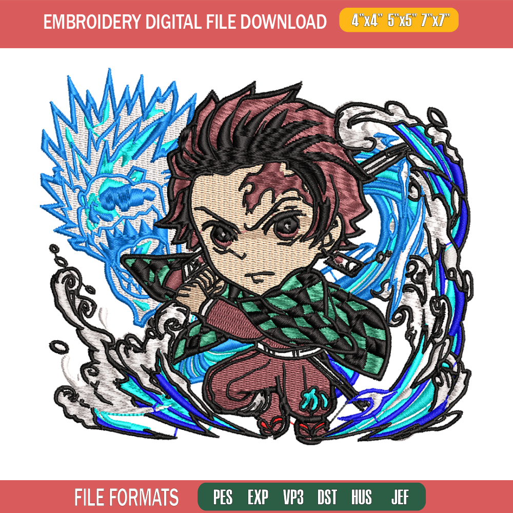 Tanjiro water breathing dragon chibi embroidery design, Kimetsu no Yaiba embroidery, anime design, Digital download.jpg