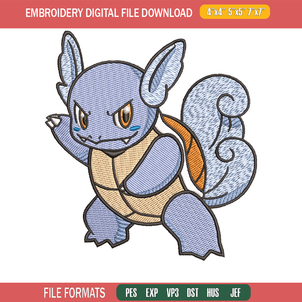 Wartortle embroidery design, Pokemon embroidery, Anime design, Embroidery shirt, Embroidery file, Digital download.jpg