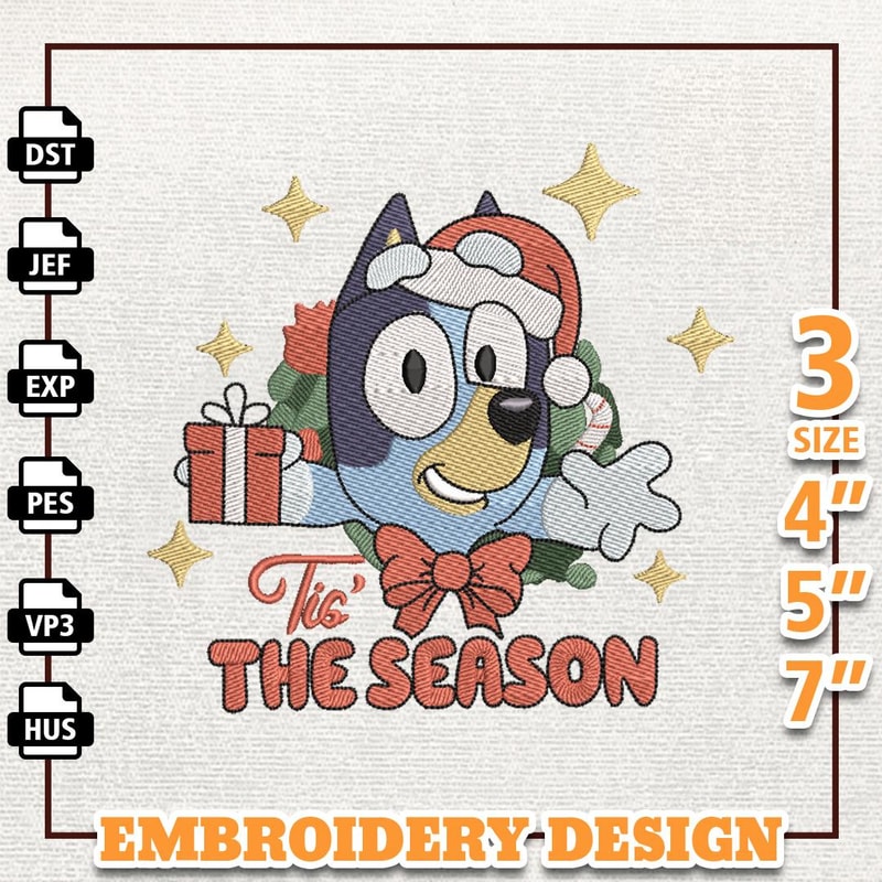 Blue Dog Christmas Embroidery Machine Design, Tis The Season Embroidery Machine Design, Instant Download.jpg