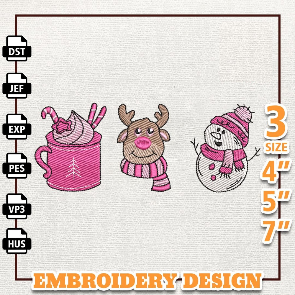 Christmas Coffee Cup Embroidery Design, Retro Reindeer Embroidery Design, Instant Download.jpg