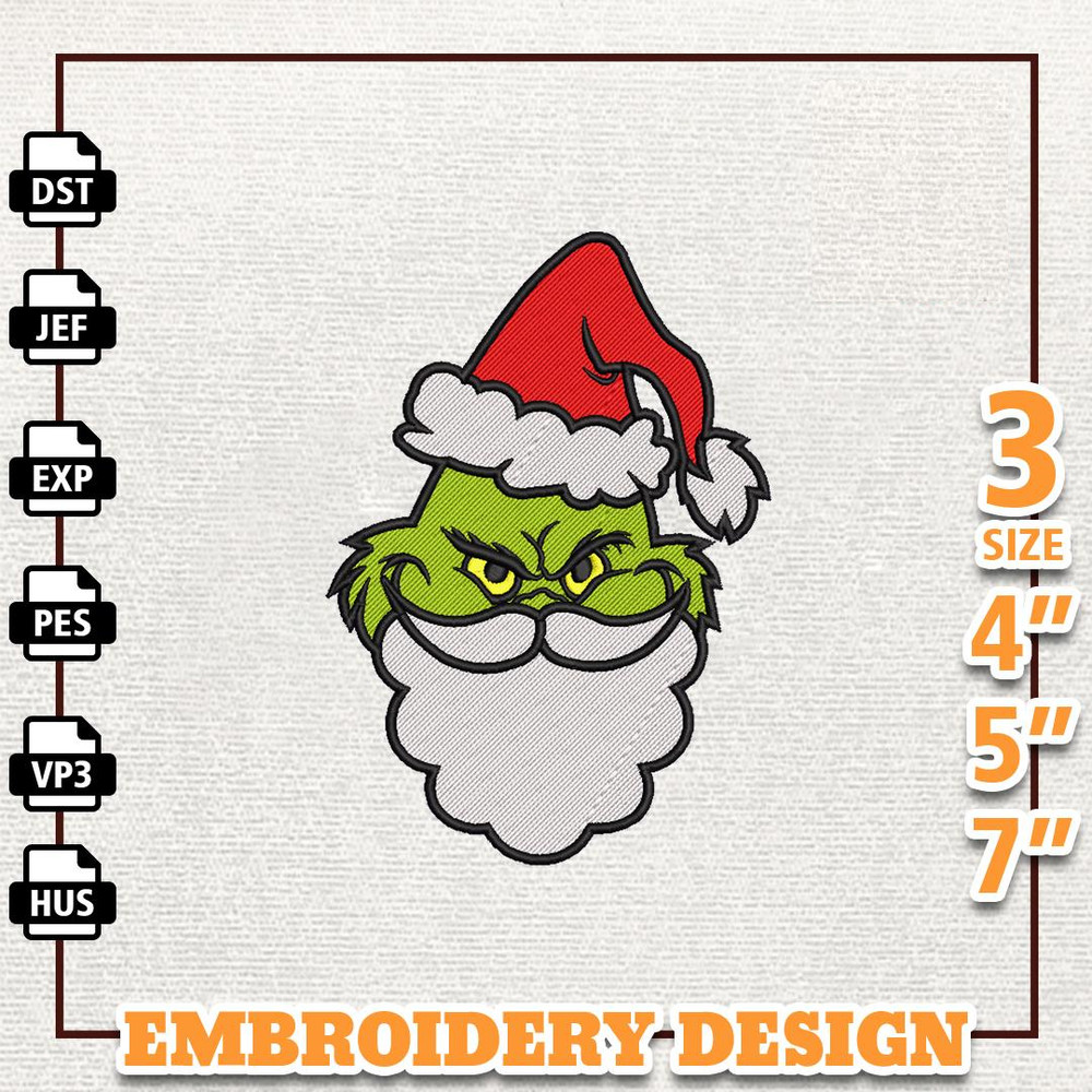 Christmas Gift, Green Monster Face Embroidery Design, Santa Green Monster Xmas Embroidery Machine File, Instant Download.jpg