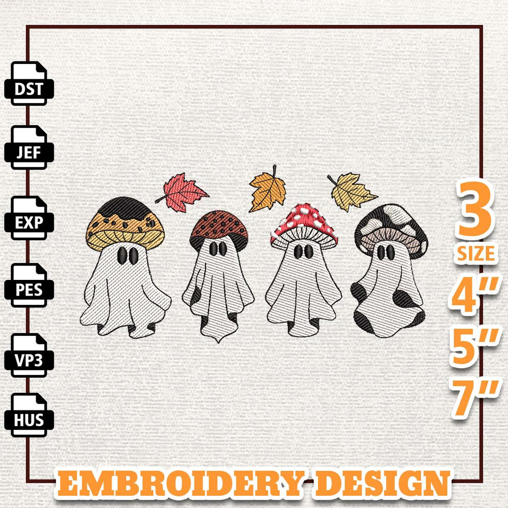 Fall Season Ghost Embroidery File, Instant Download, Magic Mushroom Spooky Embroidery Design, Spooky Halloween Embroider.jpg
