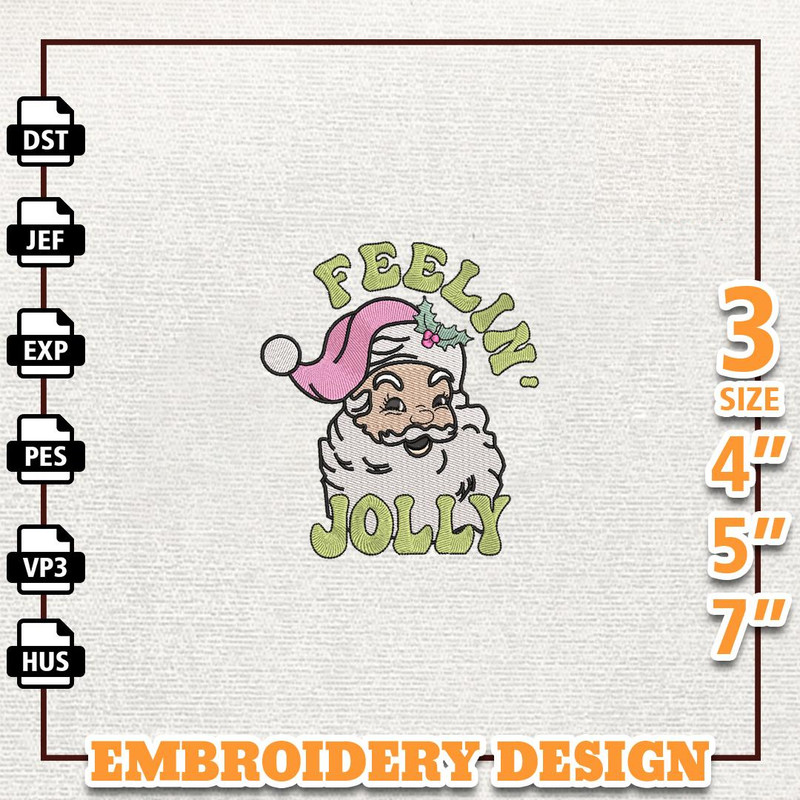 Feelin' Jolly Embroidery Design, Retro Pink Christmas Embroidery Design, Instant Download.jpg