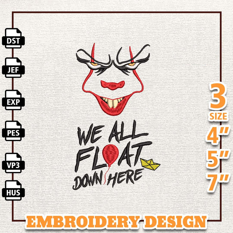 Horror Movie Clown Embroidery Design, We All Float Down Here The Clown Halloween Clown Embroidery Machine Design, Instan.jpg
