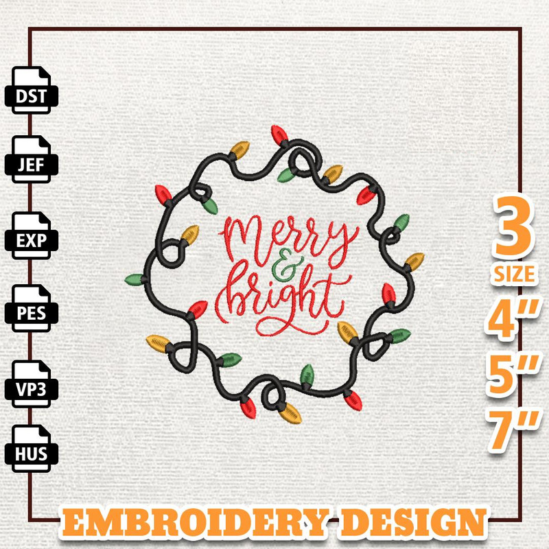 Merry And Bright Embroidery Machine Design, Christmas Light Embroidery File, Instant Download.jpg
