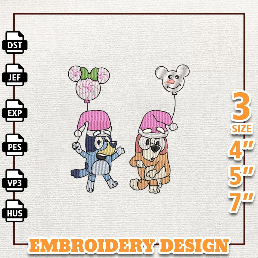 Pink Christmas Cartoon Embroidery Design, Family Blue Dog Embroidery Design, Instant Download.jpg