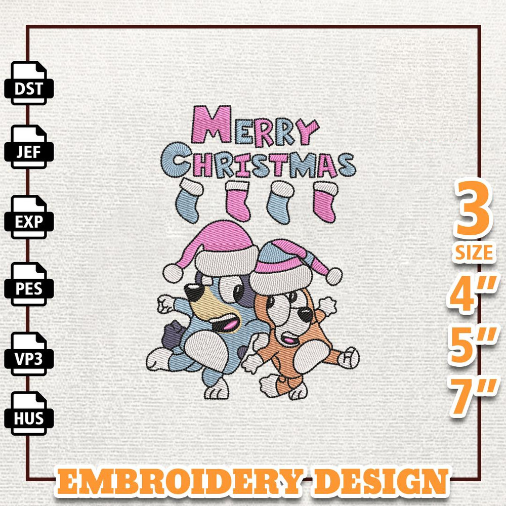 Retro Pink Christmas Embroidery Design, Pink Family Blue Dog Embroidery Design, Instant Download.jpg