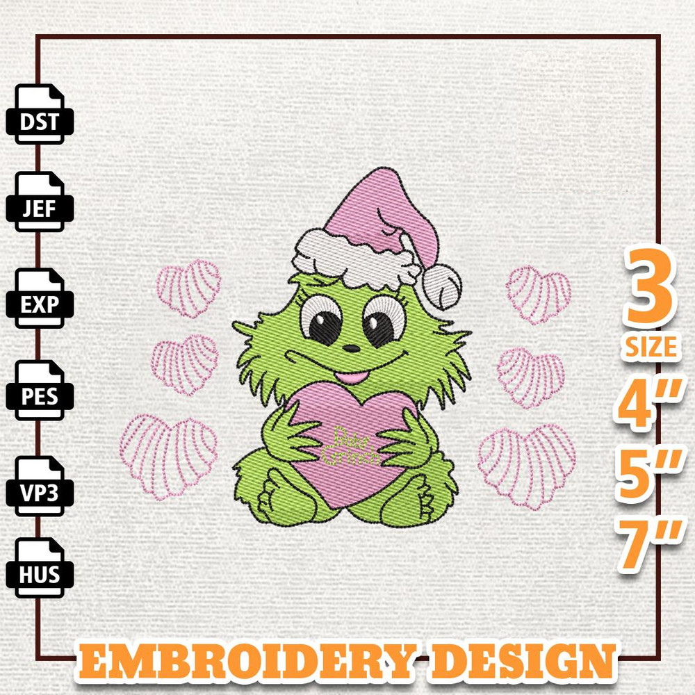 Retro Pink Christmas Embroidery Machine Design, Christmas Baby Green Monster Embroidery Design, Instant Download.jpg