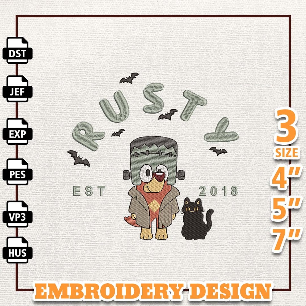 Rusty EST 2018 Halloween Embroidery Design, Happy Haloween Embroidery File, Blue Dog Cartoon Embroidery Design, Hallowee.jpg