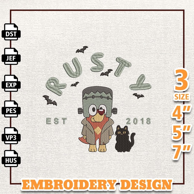 Rusty EST 2018 Halloween Embroidery Design, Happy Haloween Embroidery File, Blue Dog Cartoon Embroidery Design, Hallowee.jpg