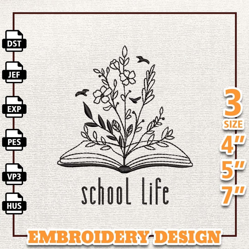 School Life Floral Book Embroidery Designs, Back To School Embroidery Designs, School Life Embroidery, Teacher Day Desi.jpg