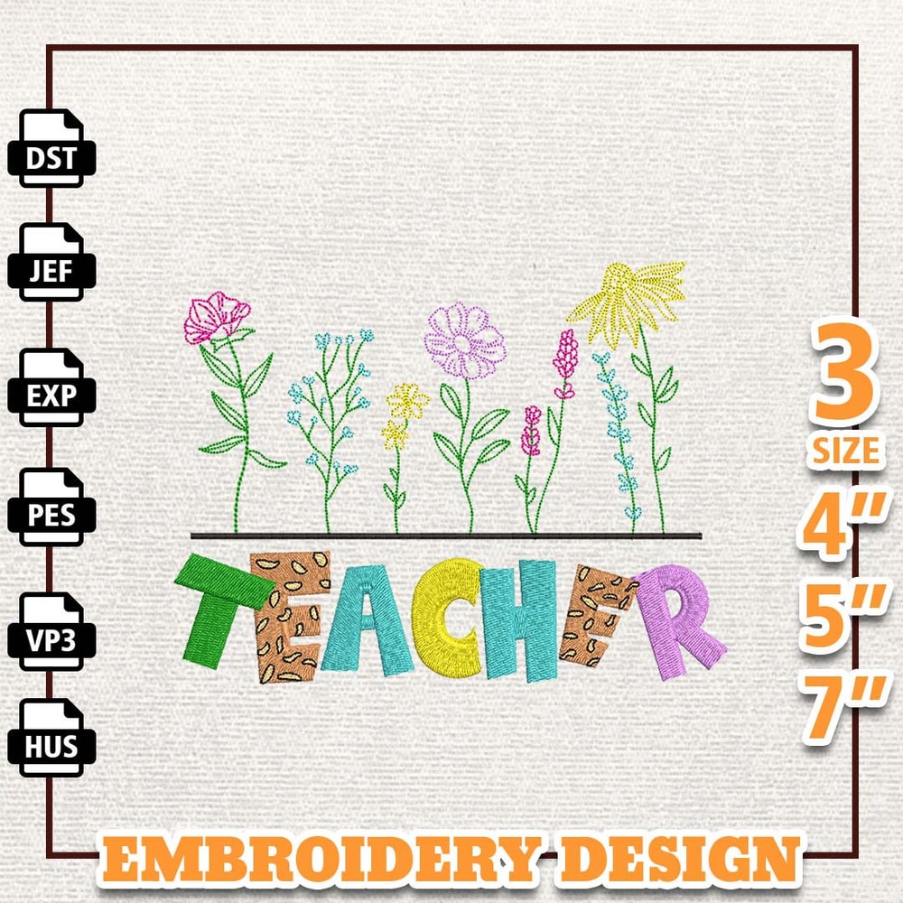 Wildflower Teacher Embroidery Design, Back To School Embroidery Design, Teacher Life Embroidery File, School Embroidered.jpg