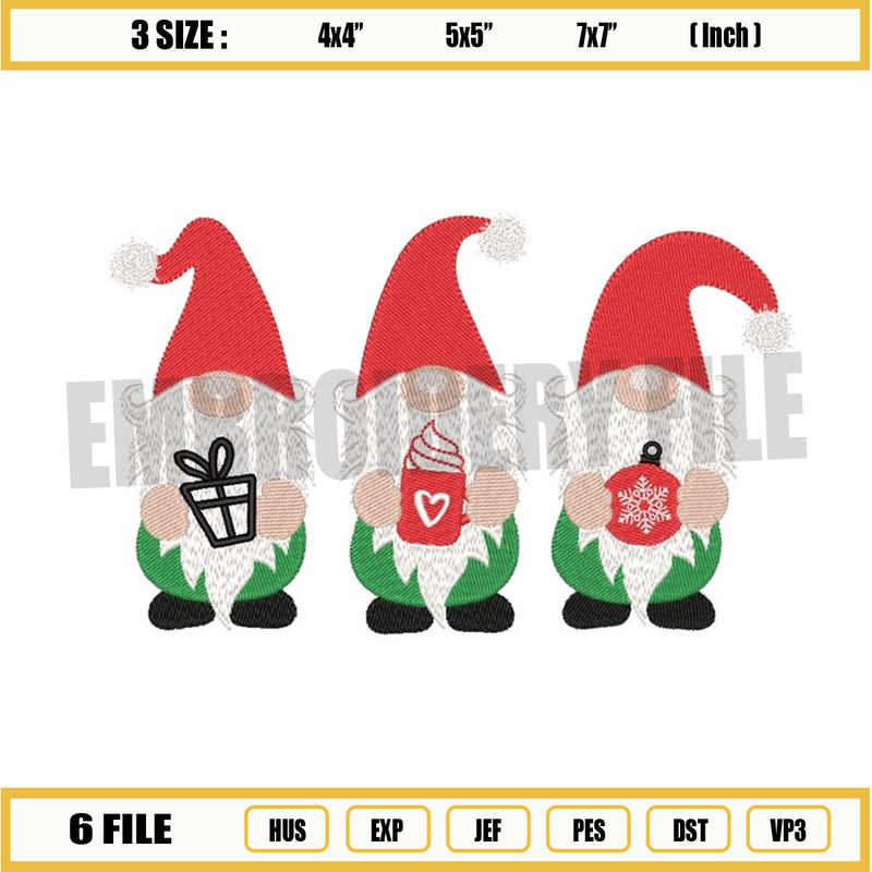 3 Christmas Gnomes Embroidery Design, Cute Gnomies Embroidery Design, 2 sizes, Instant Download.jpg