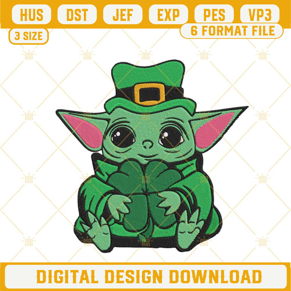 Baby Yoda With Clover Leaf Embroidery Design, Star Wars St Patricks Day Embroidery File.jpg