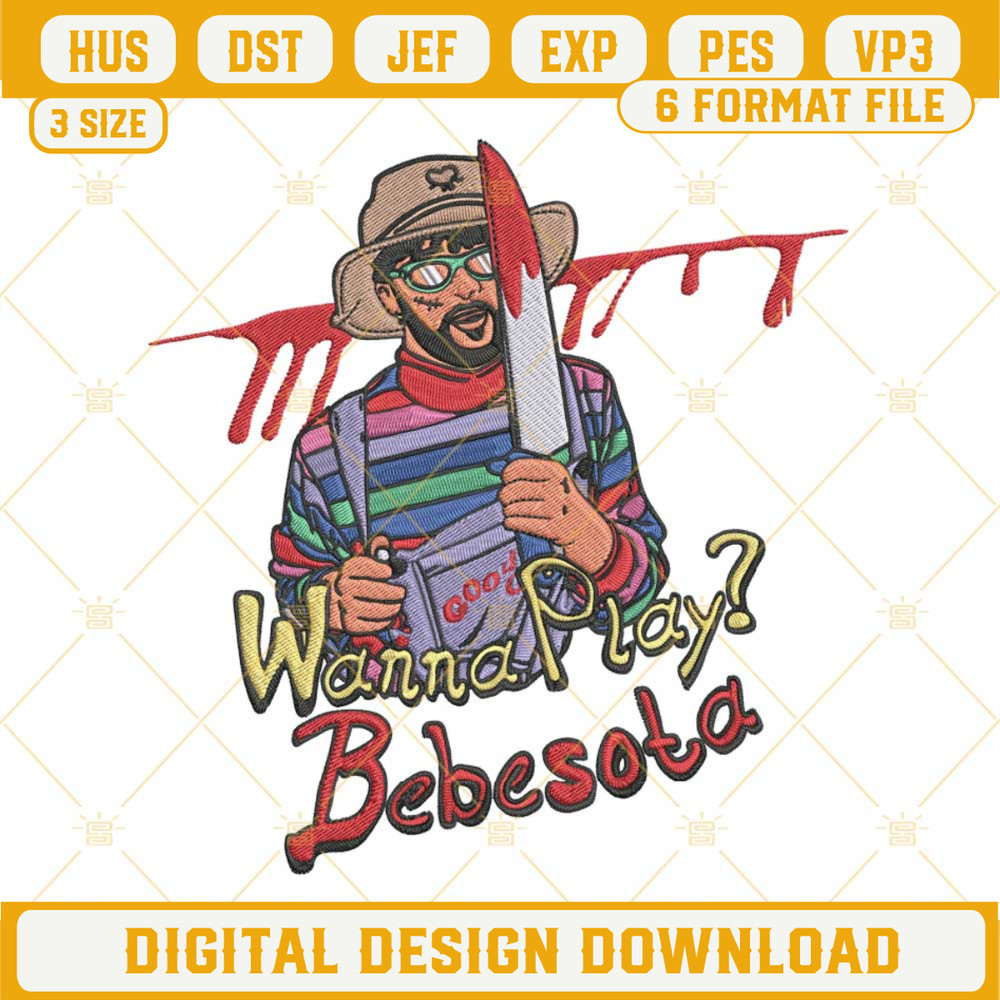 Bad Bunny Chucky Embroidery Designs, Wanna Play Bebesota Halloween Embroidery Design File.jpg