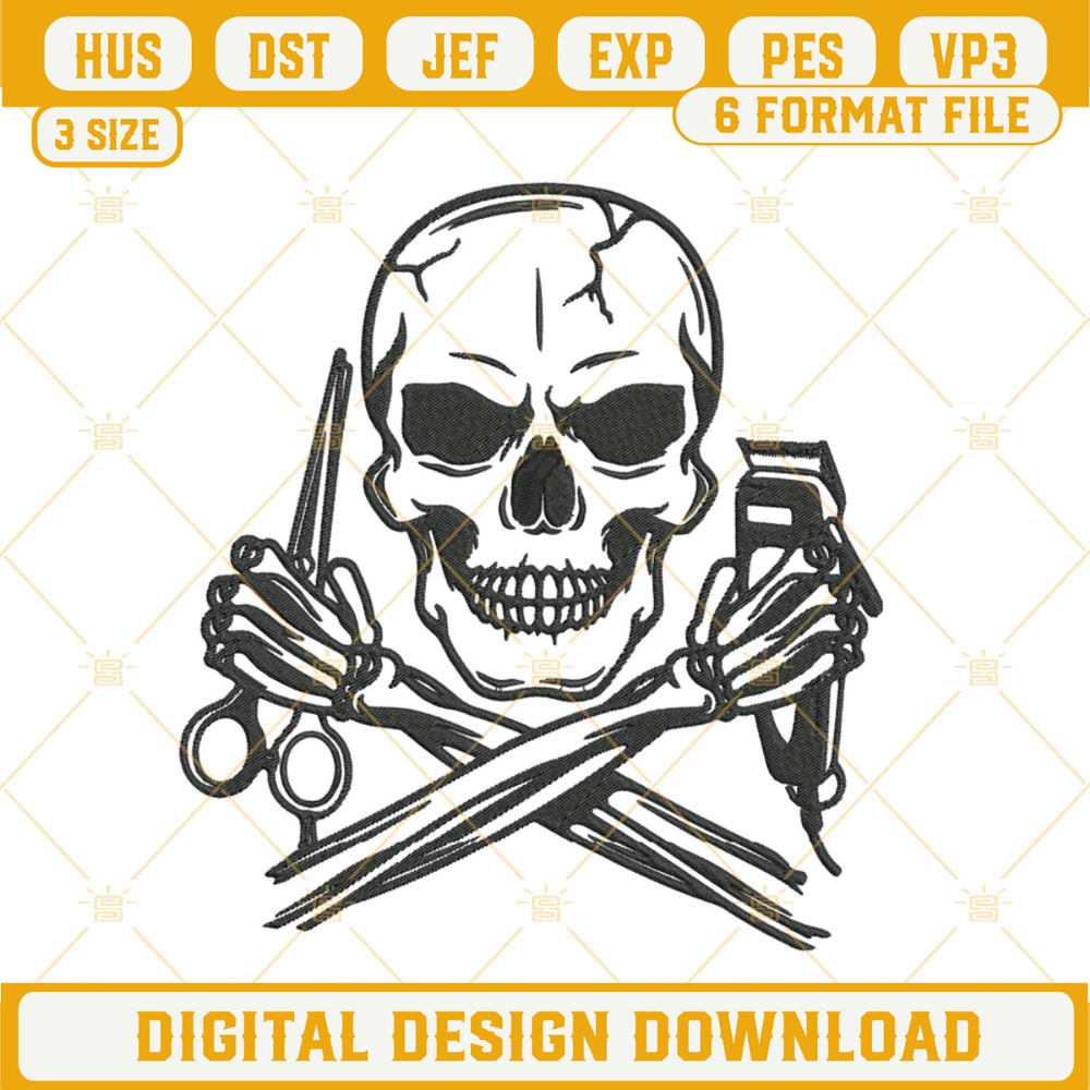 Barber Skull Embroidery Designs, Skull Hair Stylist Hair Hustler Embroidery Design File.jpg