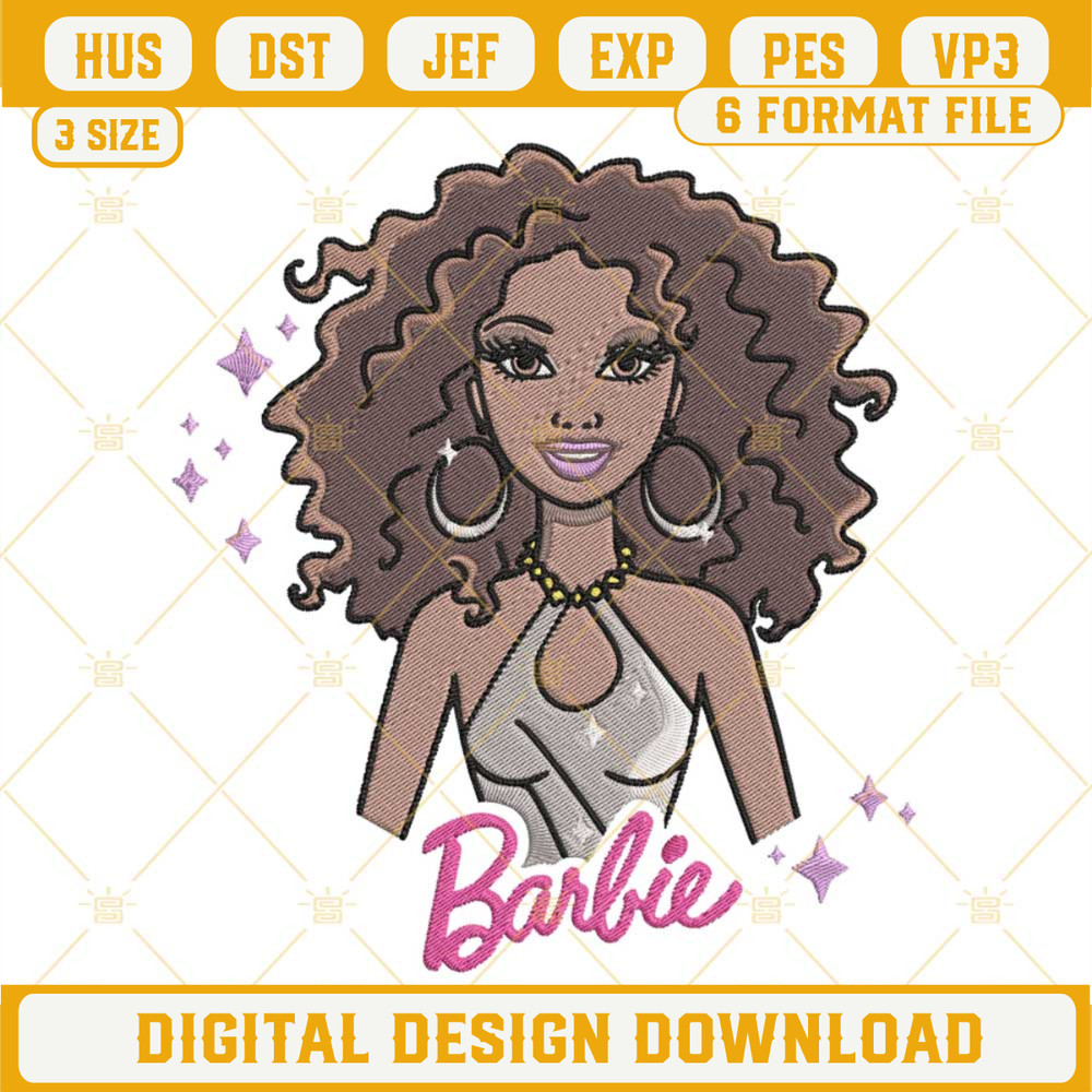Barbie Afro Curly Hair Embroidery Design, American African Barbie Doll Embroidery Pattern File.jpg
