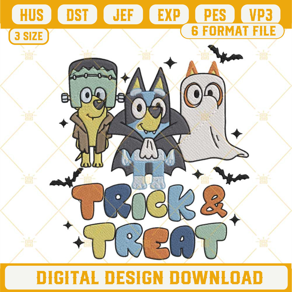 Bluey Friends Trick And Treat Embroidery Design, Bluey Halloween Embroidery File.jpg