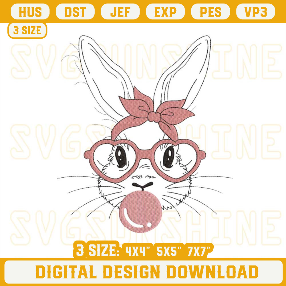 Bunny Rabbit With Bandana Embroidery Design Files, Bunny Heart Glasses Bubblegum Embroidery Designs.jpg