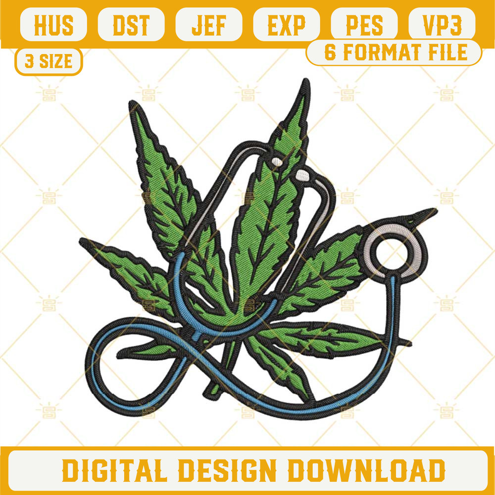 Cannabis Leaf Stethoscope Embroidery Designs, Marijuana Nurse Embroidery Files.jpg