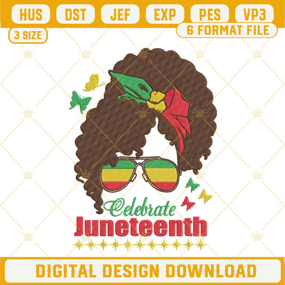 Celebrate Juneteenth Embroidery Designs, Black Woman Messy Bun Embroidery Files.jpg