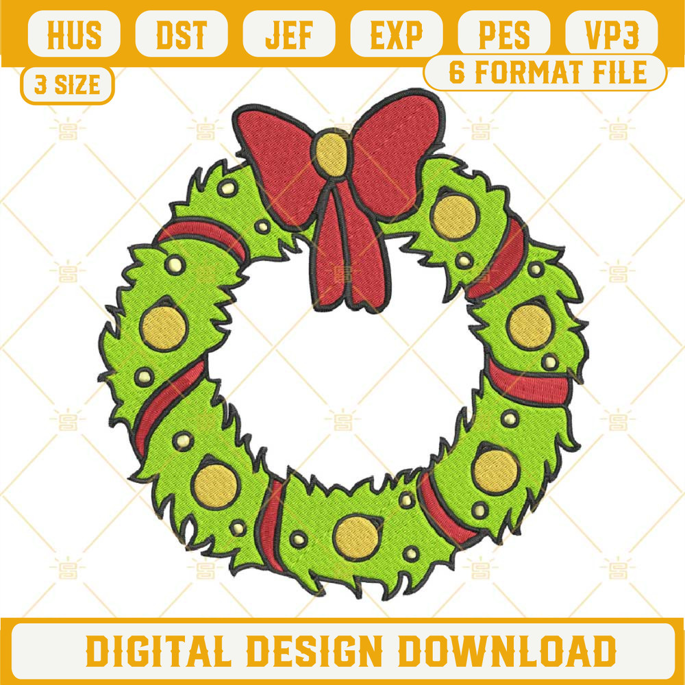 Christmas Wreath Embroidery Designs, Grinch Wreath Christmas Embroidery Design File.jpg