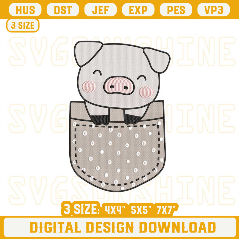 Cute Pig In Pocket Embroidery Designs, Farm Animals Machine Embroidery Design File.jpg