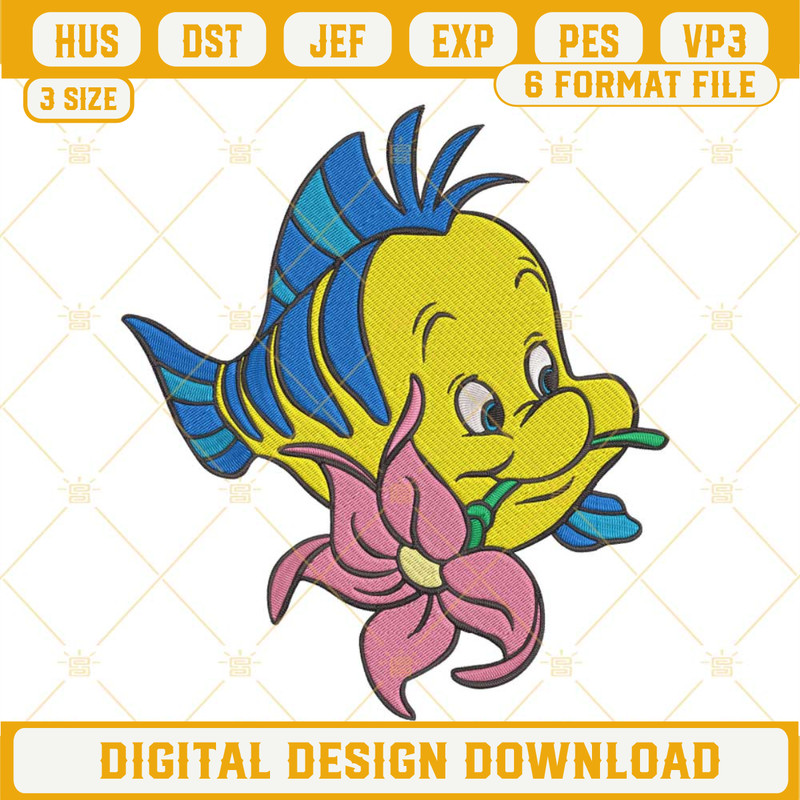 Disney Flounder With Flower Embroidery Designs, The Little Mermaid Fish Machine Embroidery Files.jpg