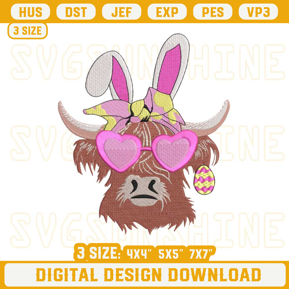Easter Bunny Highland Cow Embroidery Designs, Highland Cow Pink Sunglasses Heart Embroidery Files.jpg