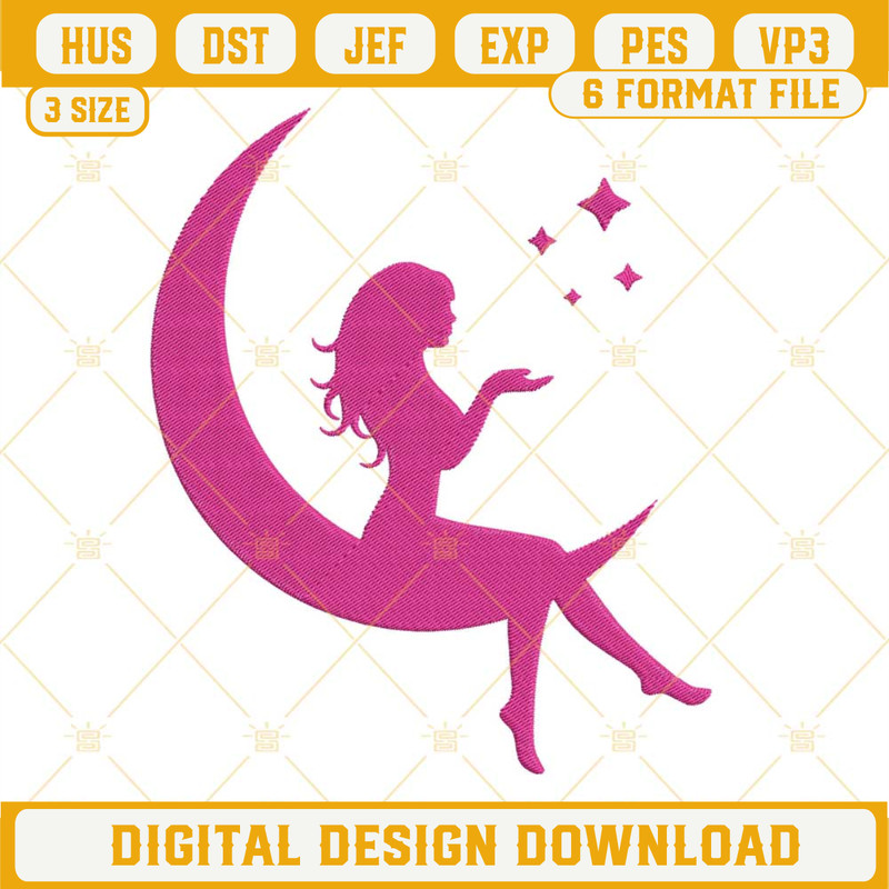 Fairy Barbie On Moon Embroidery Designs, Pink Fairy Girl Machine Embroidery Pattern Files.jpg