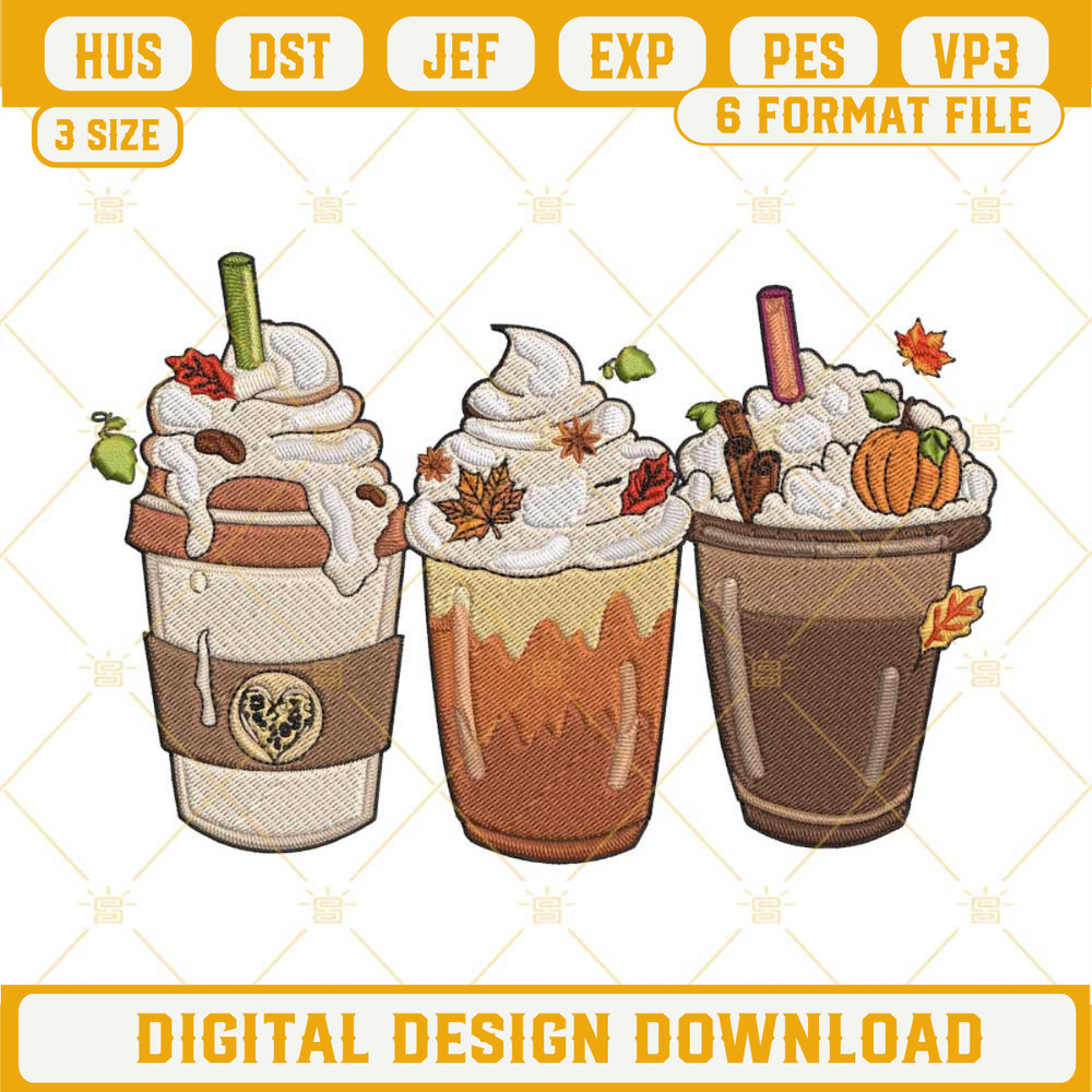 Fall Coffee Drink Latte Embroidery Designs, Autumn Orange Pumpkin Latte Coffee Embroidery Design Files.jpg