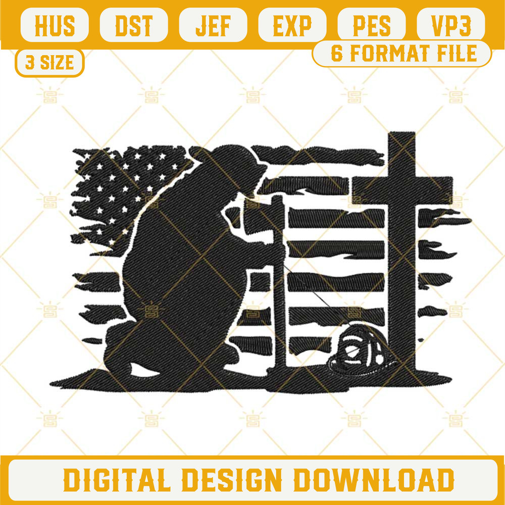 Firefighter Kneeling Cross American Flag Embroidery Designs, Firefighters Day Machine Embroidery Files.jpg