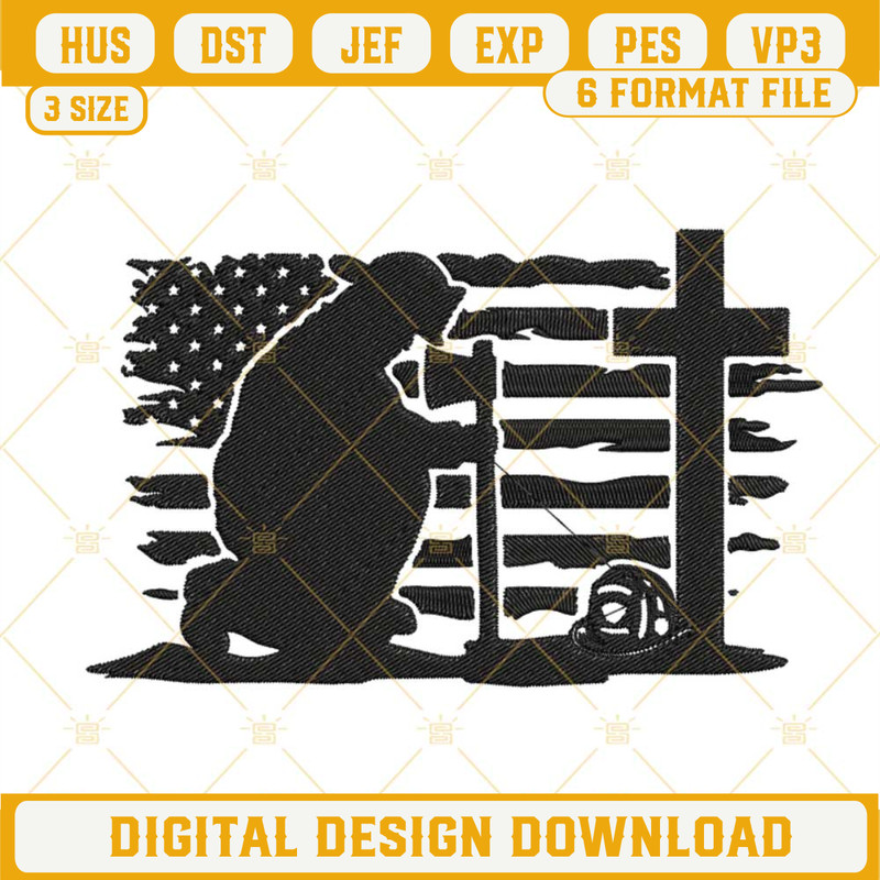 Firefighter Kneeling Cross American Flag Embroidery Designs, Firefighters Day Machine Embroidery Files.jpg