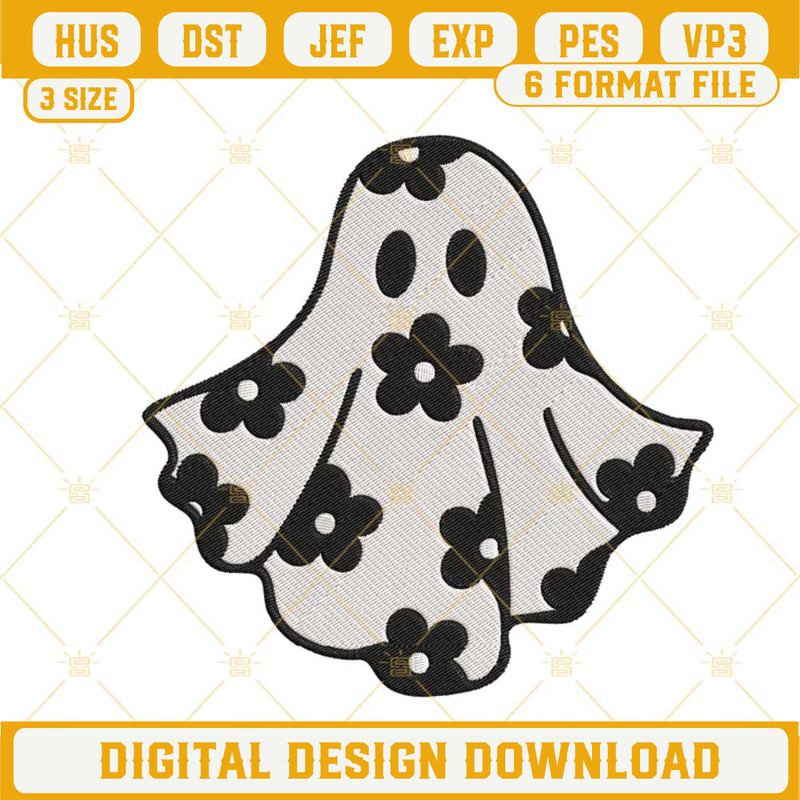 Floral Daisy Ghost Embroidery Files, Halloween Cute Ghost Embroidery Designs.jpg