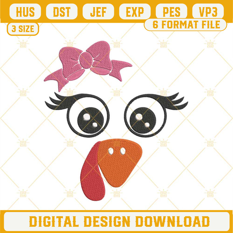 Girl Turkey Face Bow Machine Embroidery Design File.jpg