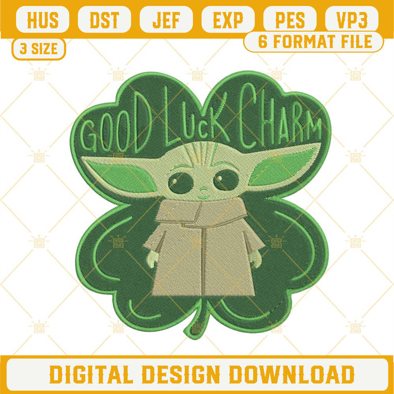 Good Luck Charm Embroidery Design, Baby Yoda St Patricks Day Embroidery File.jpg