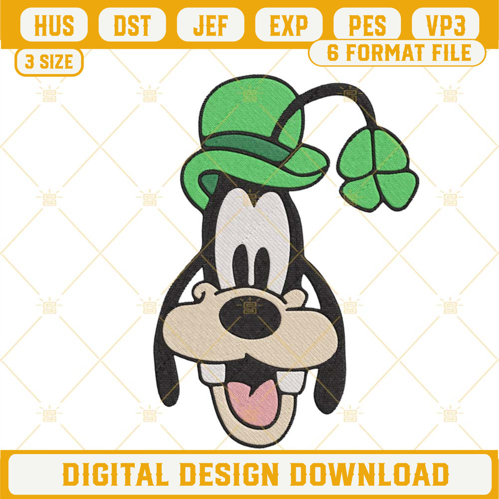 Goofy Dog Leprechaun Hat Embroidery Design, Disney St Patricks Day Embroidery File.jpg