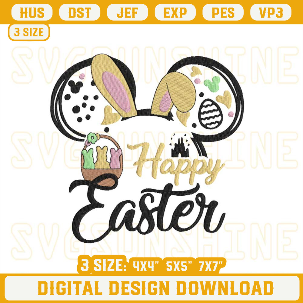 Happy Easter Disney Mouse Ear Embroidery Designs, Disney World Castle Bunny Embroidery Pattern.jpg