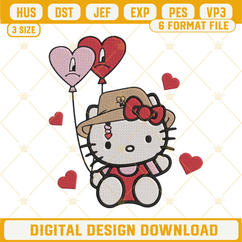 Hello Kitty Bad Bunny Heart Embroidery Files, Bad Bunny Valentine Machine Embroidery Designs.jpg