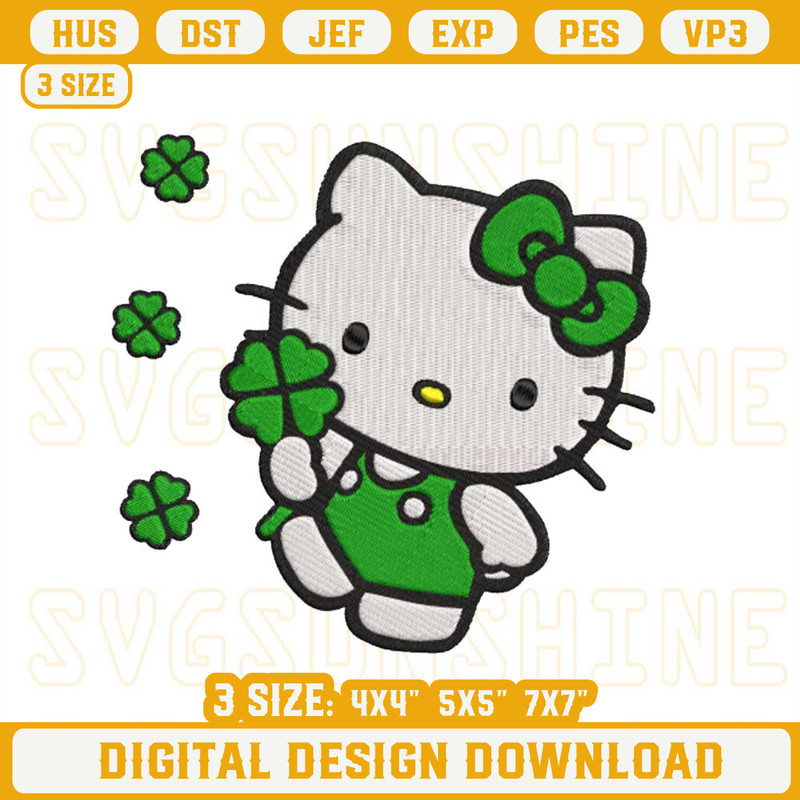 Hello Kitty St Patricks Day Embroidery Designs, Hello Kitty Lucky Shamrock Embroidery Design Files.jpg