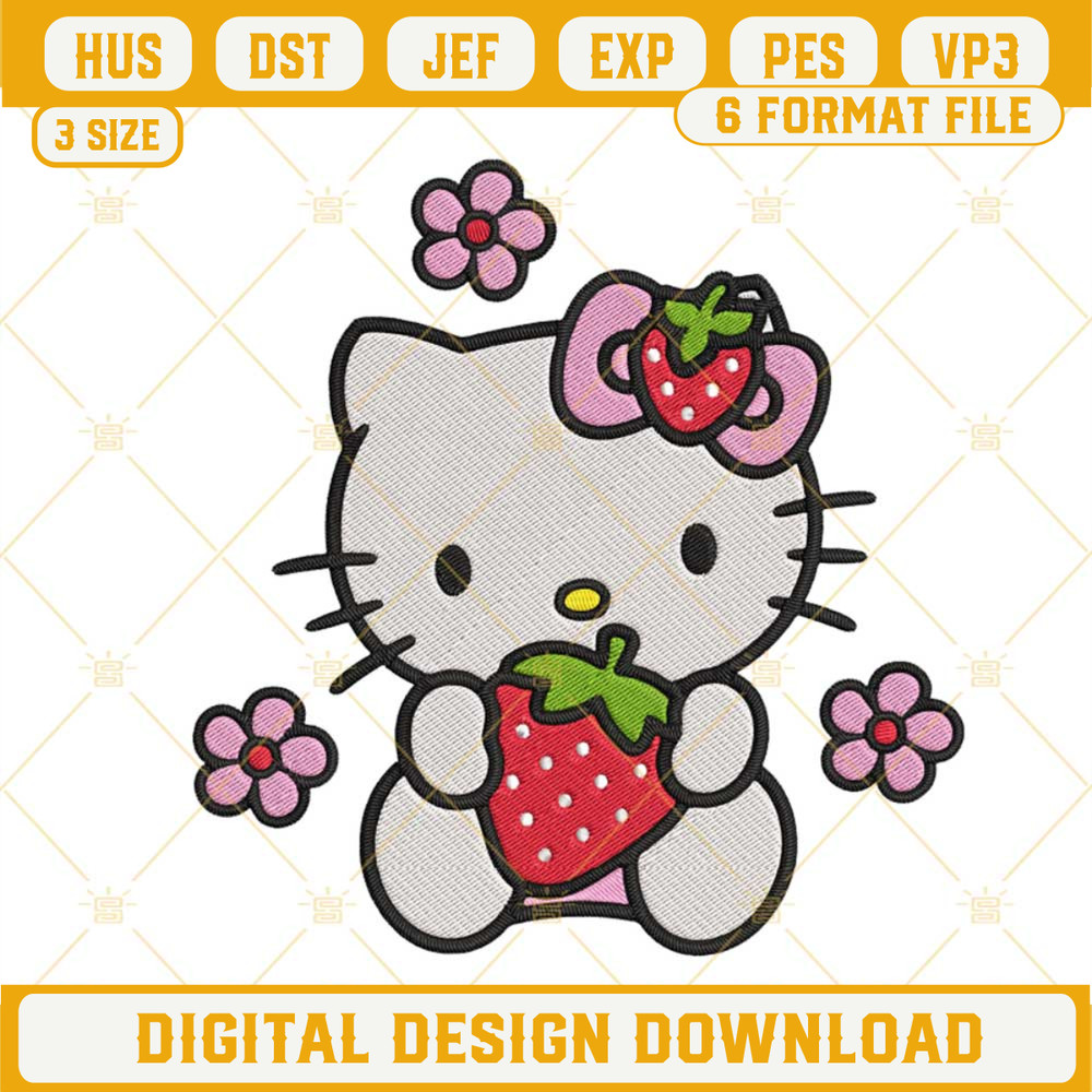 Hello Kitty Strawberry Embroidery Designs, Spring Kitty Cat Embroidery Files.jpg