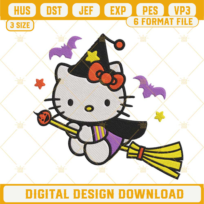 Hello Kitty Witch Riding A Broom Halloween Embroidery Design Files.jpg