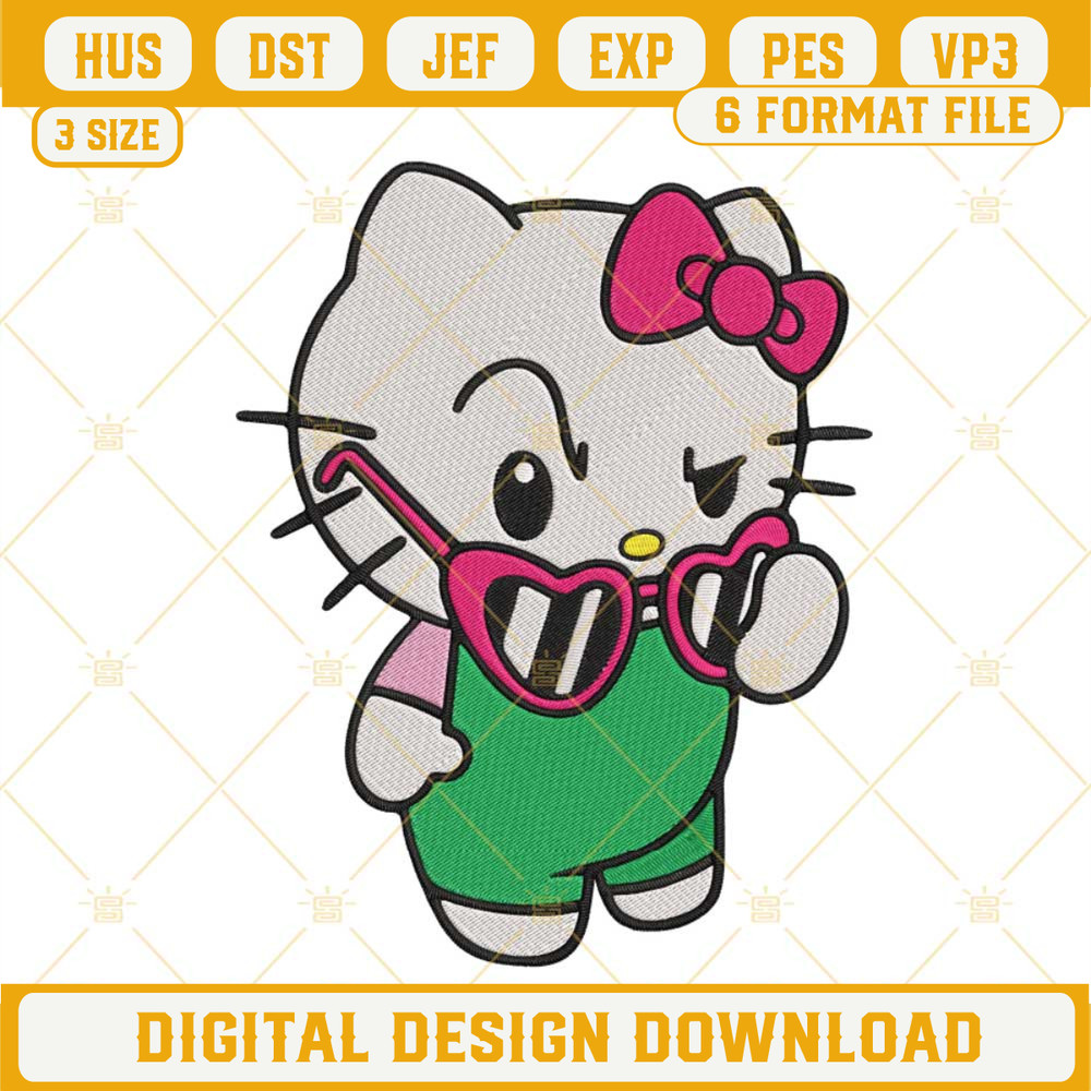 Hello Kitty With Sunglasses Embroidery Design, Kitty Cat Girl Embroidery File.jpg